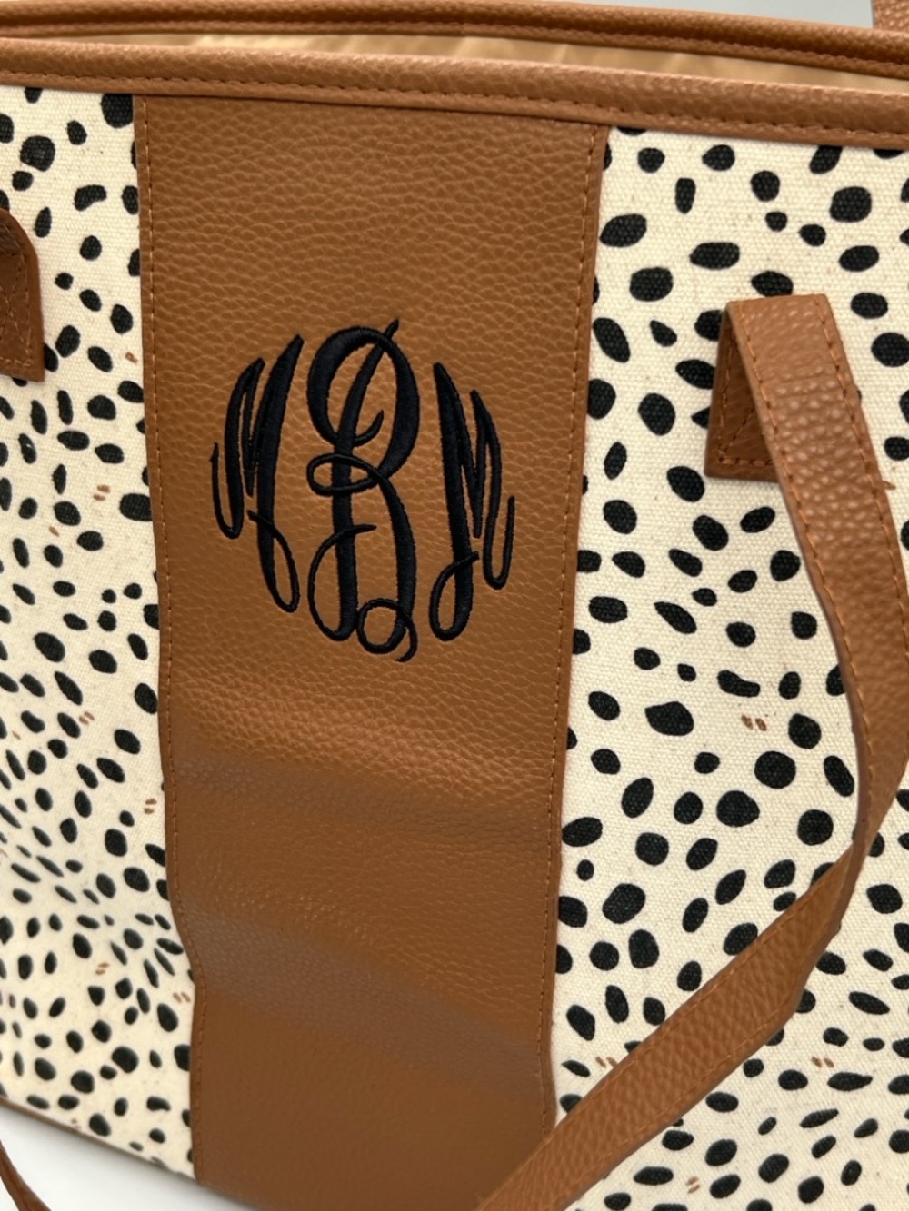 Monogrammed Marleylilly Tan and Black Spotted Canvas Tote - Picture 3 of 7